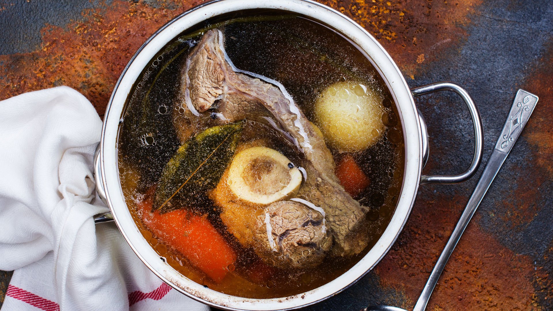 You'll find collagen in this stock pot filled with beef bones and aromatic vegetables.